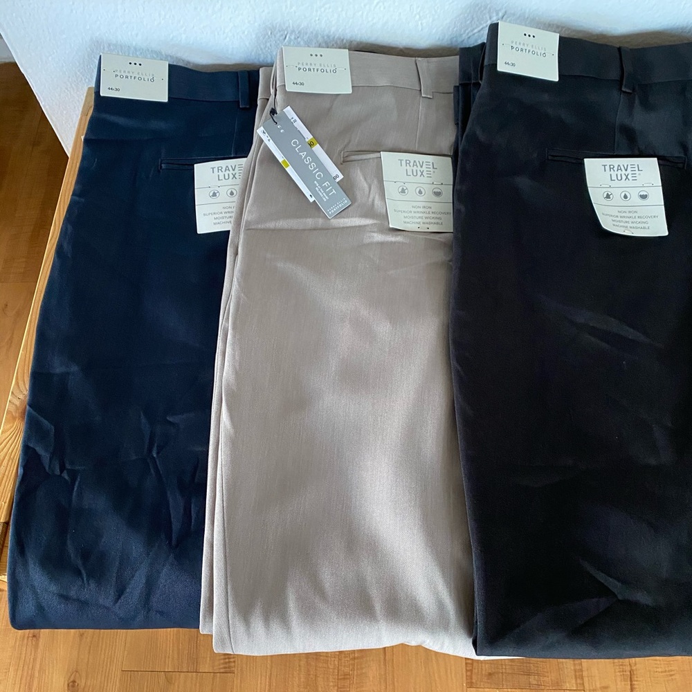Bundle Of 3 Perry Ellis Men’s Classic Fit Double Pleated Pans Blue Black And Tan